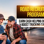Truck drivers using a smartphone at a truck stop, highlighting the Road Recruiters Program that helps drivers earn cash and advance trucking careers.