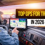 Semi truck driver navigating with a truck-specific GPS system at sunset, promoting “Top GPS for Trucker in 2026.”