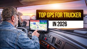 Semi truck driver navigating with a truck-specific GPS system at sunset, promoting “Top GPS for Trucker in 2026.”