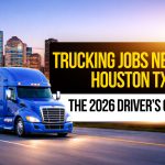 Alt text: Blue semi-truck driving past the Houston skyline with text: “Trucking Jobs Near Me Houston TX, The 2026 Driver’s Guide.”