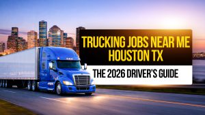 Alt text: Blue semi-truck driving past the Houston skyline with text: “Trucking Jobs Near Me Houston TX, The 2026 Driver’s Guide.”
