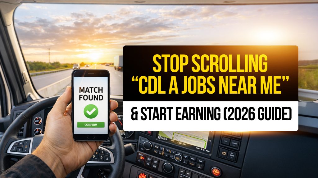 Truck driver inside a semi truck holding a phone with a job match found screen, promoting CDL A jobs near me and earning opportunities in 2026.