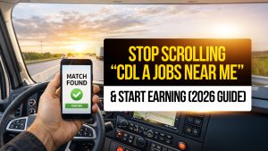 Truck driver inside a semi truck holding a phone with a job match found screen, promoting CDL A jobs near me and earning opportunities in 2026.