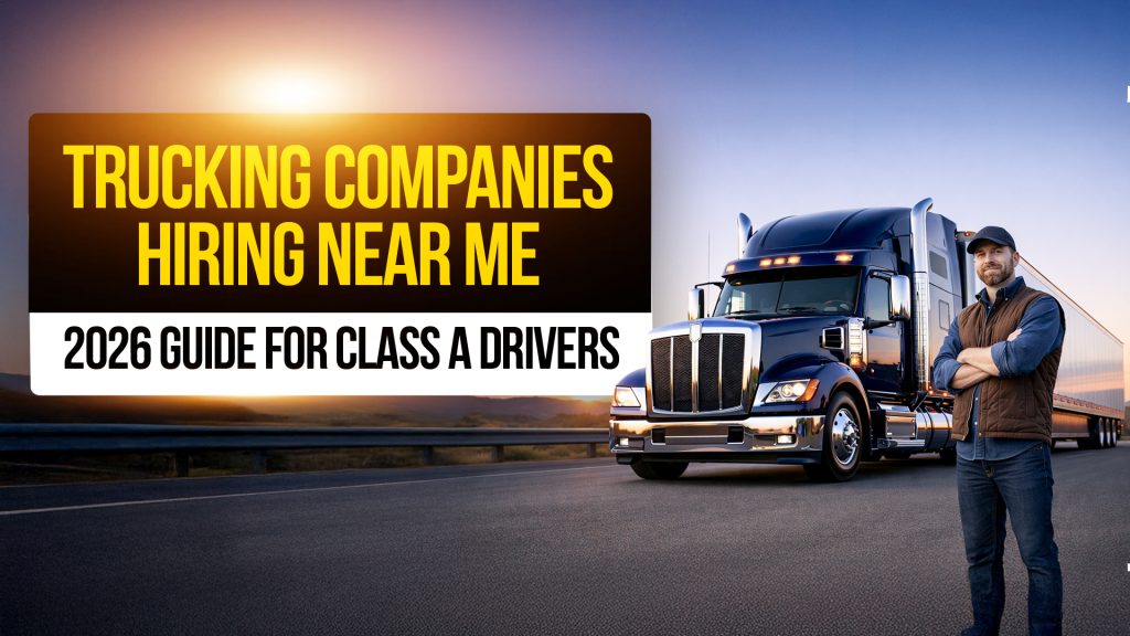 Graphic promoting “Trucking Companies Hiring Near Me” with a blue semi-truck on the road at sunset and a driver standing beside it; text reads “2026 Guide for Class A Drivers.”
