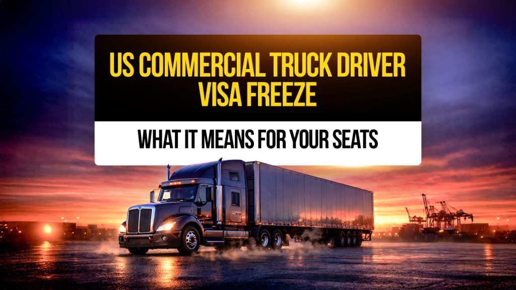 U.S. commercial semi truck at a port at sunset illustrating a commercial truck driver visa freeze and its impact on trucking jobs.
