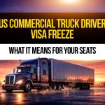 U.S. commercial semi truck at a port at sunset illustrating a commercial truck driver visa freeze and its impact on trucking jobs.