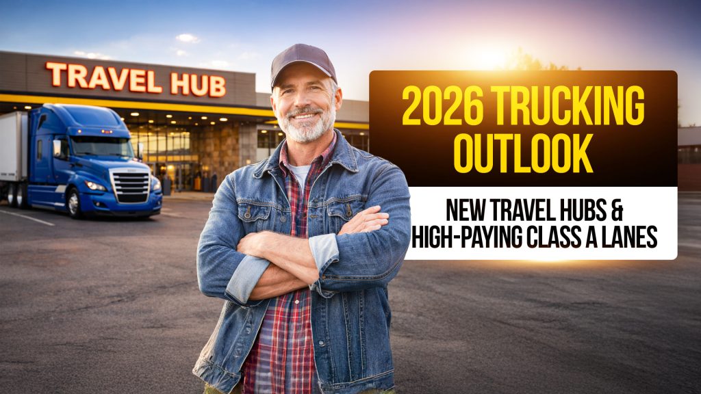 Truck driver standing at a travel hub with a blue semi-truck, with text: “2026 Trucking Outlook. New Travel Hubs & High-Paying Class A Lanes.”