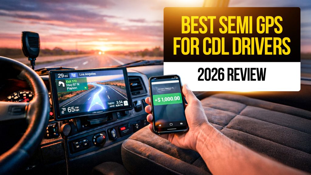 Truck cab interior with GPS navigation and a phone showing $1,000, with text: “Best Semi GPS for CDL Drivers, 2026 Review.”