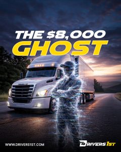 White semi-truck at sunset with glowing ghost-like driver figure and text: “The $8,000 Ghost.”