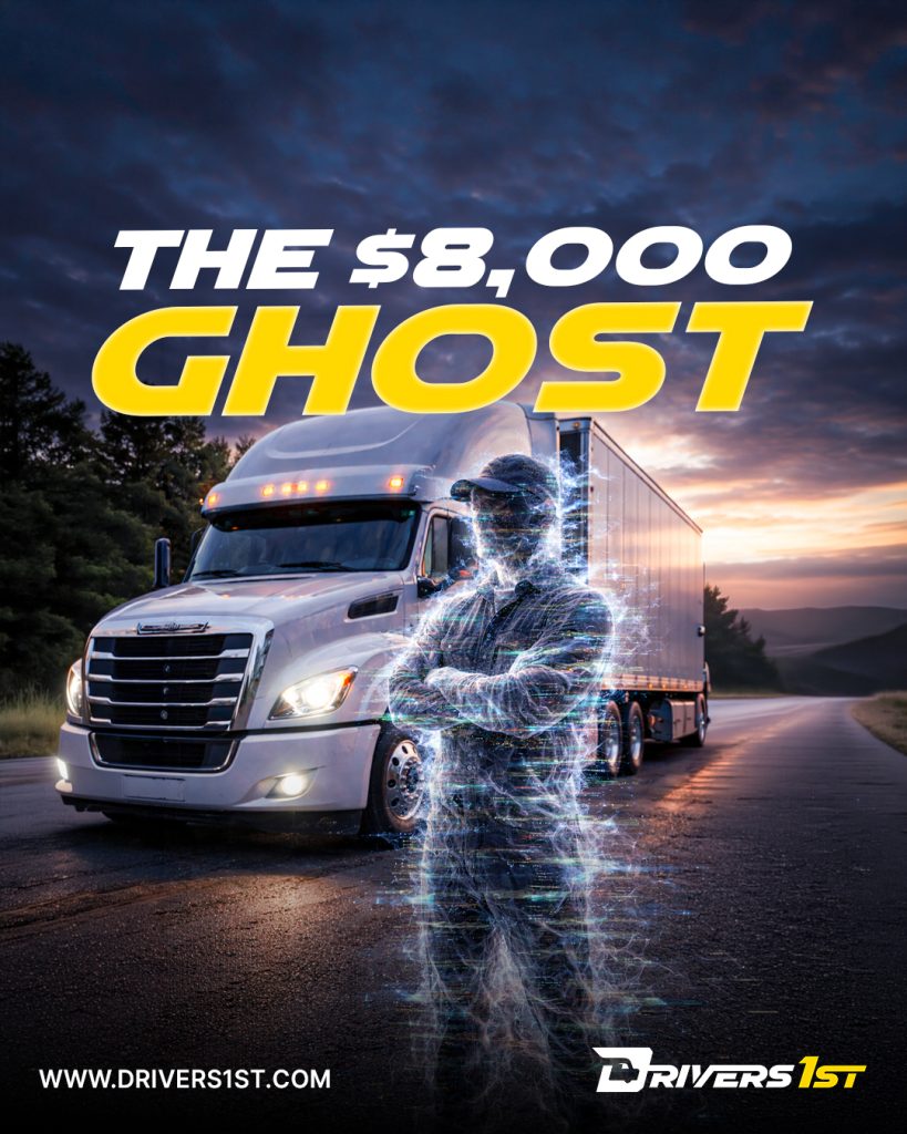 White semi-truck at sunset with glowing ghost-like driver figure and text: “The $8,000 Ghost.”