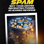 Funnel filled with “Apply” buttons and dollar coins with text: “The Application Spam — Why Your Driver Recruiting Funnel Is Leaking Revenue.