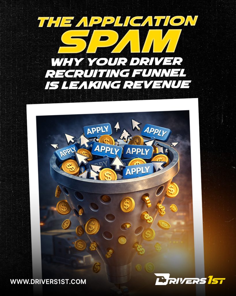 Funnel filled with “Apply” buttons and dollar coins with text: “The Application Spam — Why Your Driver Recruiting Funnel Is Leaking Revenue.