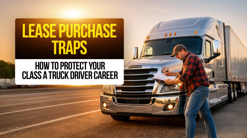 Truck driver reviewing paperwork next to a semi-truck with text: “Lease Purchase Traps — How to Protect Your Class A Truck Driver Career.”