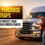 Truck driver reviewing paperwork next to a semi-truck with text: “Lease Purchase Traps — How to Protect Your Class A Truck Driver Career.”