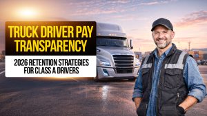 Truck driver standing in front of a semi-truck with text: “Truck Driver Pay Transparency, 2026 Retention Strategies for Class A Drivers.”