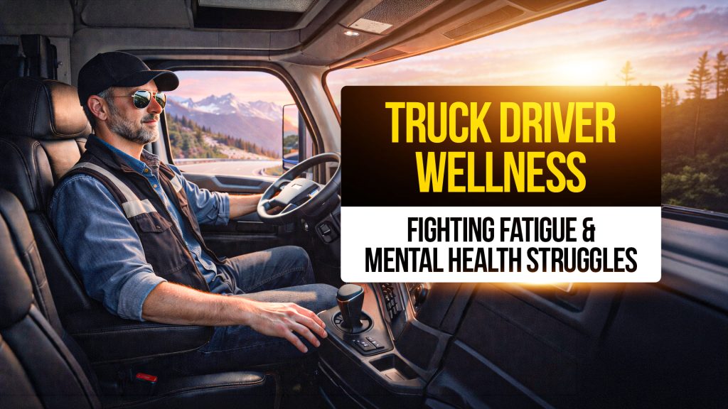 Truck driver in sunglasses driving through mountain scenery with text: “Truck Driver Wellness, Fighting Fatigue & Mental Health Struggles.”