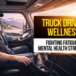 Truck driver in sunglasses driving through mountain scenery with text: “Truck Driver Wellness, Fighting Fatigue & Mental Health Struggles.”