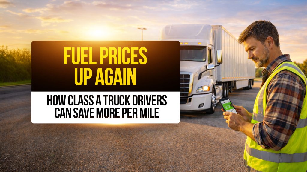 Truck driver in safety vest looking at his phone near a white semi-truck with text: “Fuel Prices Up Again, How Class A Truck Drivers Can Save More Per Mile.”