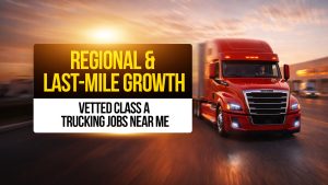 Red semi-truck driving at sunset with text: “Regional & Last-Mile Growth, Vetted Class A Trucking Jobs Near Me.”