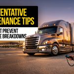 Semi-truck at sunset with driver inspecting equipment and text: “Preventative Maintenance Tips — That Prevent Roadside Breakdowns.