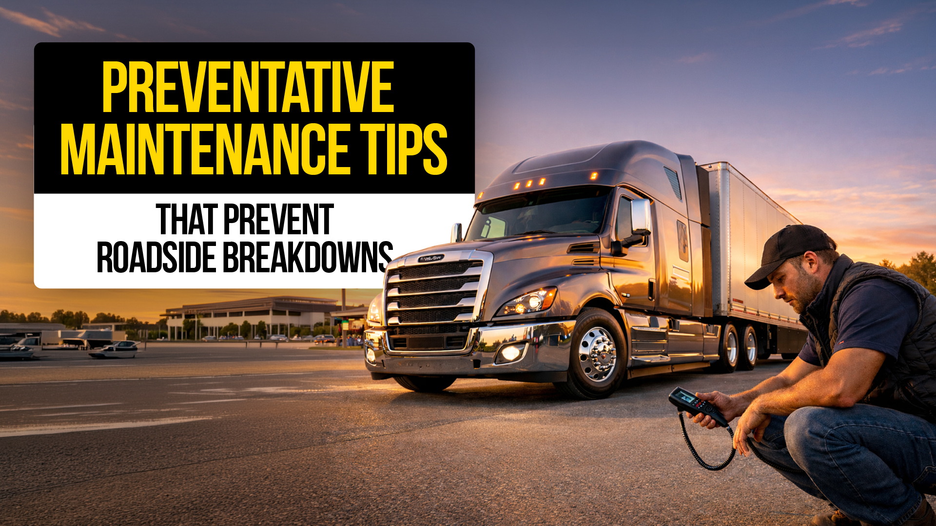 Semi-truck at sunset with driver inspecting equipment and text: “Preventative Maintenance Tips — That Prevent Roadside Breakdowns.