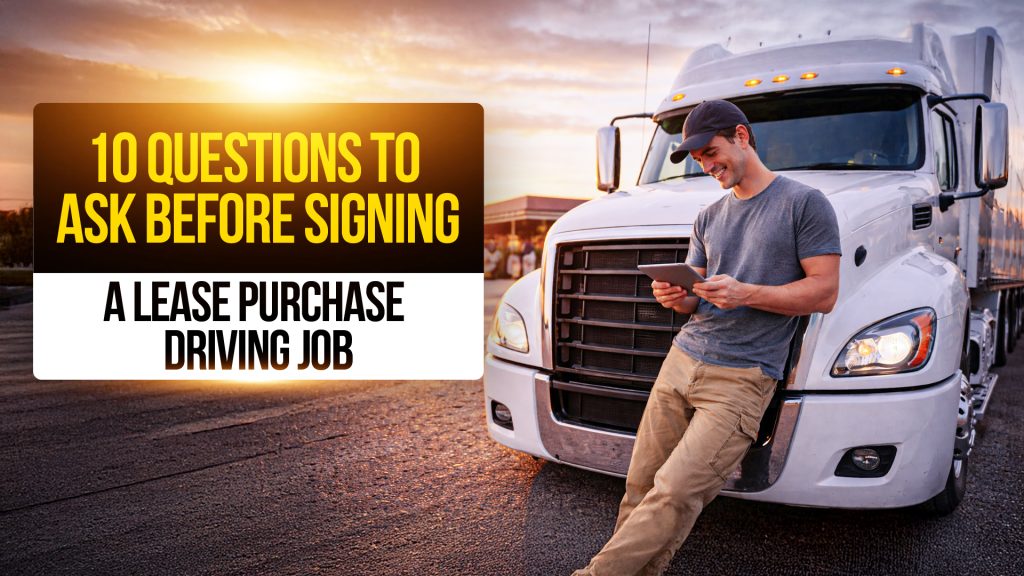 Truck driver reviewing a tablet beside a semi-truck with text: “10 Questions to Ask Before Signing a Lease Purchase Driving Job.”