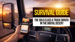 Truck driver holding phone with “Job Match” app in desert setting with text: “Survival Guide — The Solo Class A Truck Driver in the Digital Desert.”