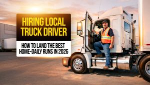 Truck cab interior with GPS navigation and a phone showing $1,000, with text: “Best Semi GPS for CDL Drivers, 2026 Review.”