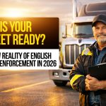 Truck driver holding a clipboard beside a semi-truck at sunset with text: “Is Your Fleet Ready? The New Reality of English Language Enforcement in 2026".