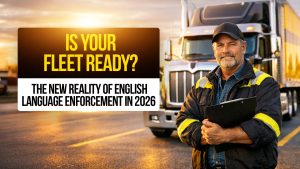 Truck driver holding a clipboard beside a semi-truck at sunset with text: “Is Your Fleet Ready? The New Reality of English Language Enforcement in 2026".