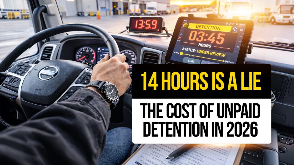 Truck driver in cab with detention timer on screen and text: “14 Hours Is a Lie — The Cost of Unpaid Detention in 2026.”
