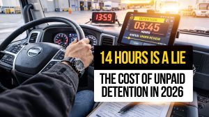 Truck driver in cab with detention timer on screen and text: “14 Hours Is a Lie — The Cost of Unpaid Detention in 2026.”