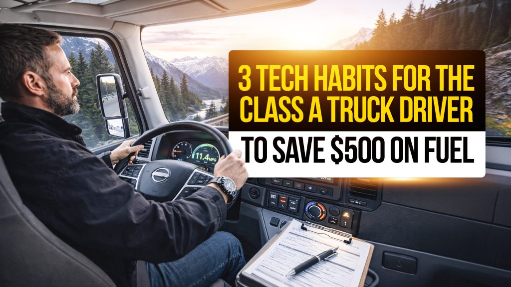 Truck driver on mountain highway with dashboard fuel data and text: “3 Tech Habits for the Class A Truck Driver to Save $500 on Fuel.”