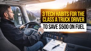 Truck driver on mountain highway with dashboard fuel data and text: “3 Tech Habits for the Class A Truck Driver to Save $500 on Fuel.”
