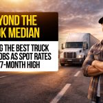 Truck driver standing by semi-truck at sunset with text about best truck driving jobs and spot rates hitting a 7-month high.