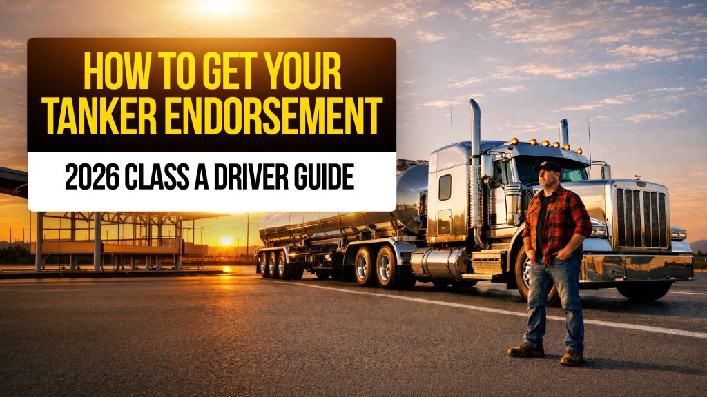 Tanker truck and driver at sunrise with text: "How to Get Your Tanker Endorsement, 2026 Class A Driver Guide."
