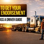 Tanker truck and driver at sunrise with text: "How to Get Your Tanker Endorsement, 2026 Class A Driver Guide."