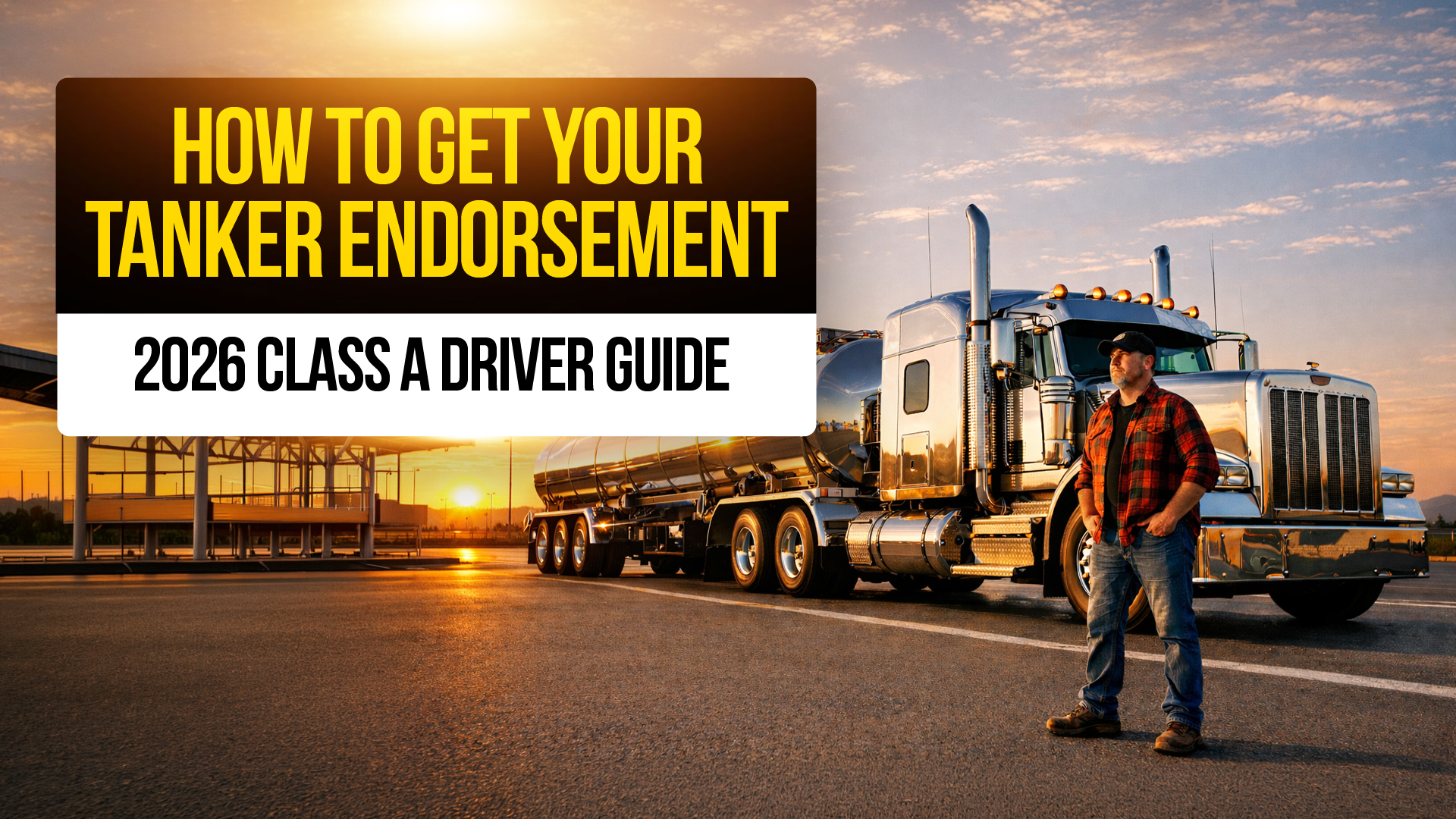 Tanker truck and driver at sunrise with text: "How to Get Your Tanker Endorsement, 2026 Class A Driver Guide."