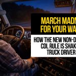 Truck driver driving at dusk with text: “March Madness for Your Wallet — How the New Non-Domiciled CDL Rule Is Shaking Up Truck Driver Pay.”
