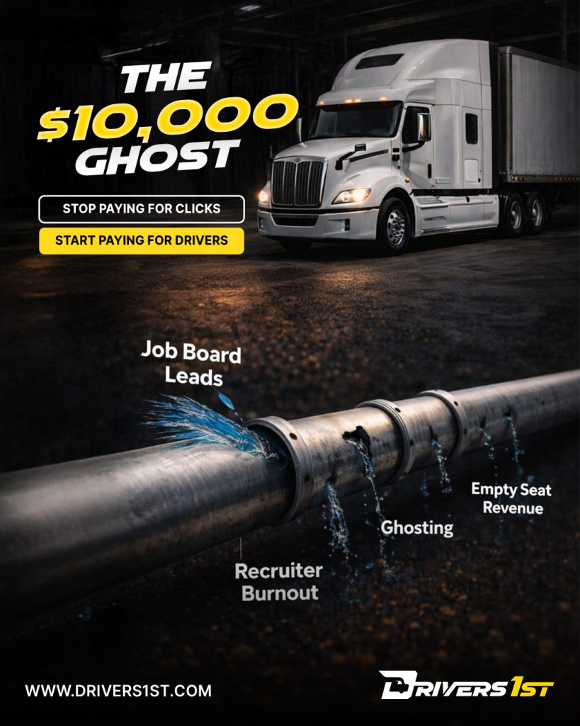 White semi-truck with leaking pipe graphic showing recruiting losses and text: “The $10,000 Ghost, Stop Paying for Clicks, Start Paying for Drivers.”