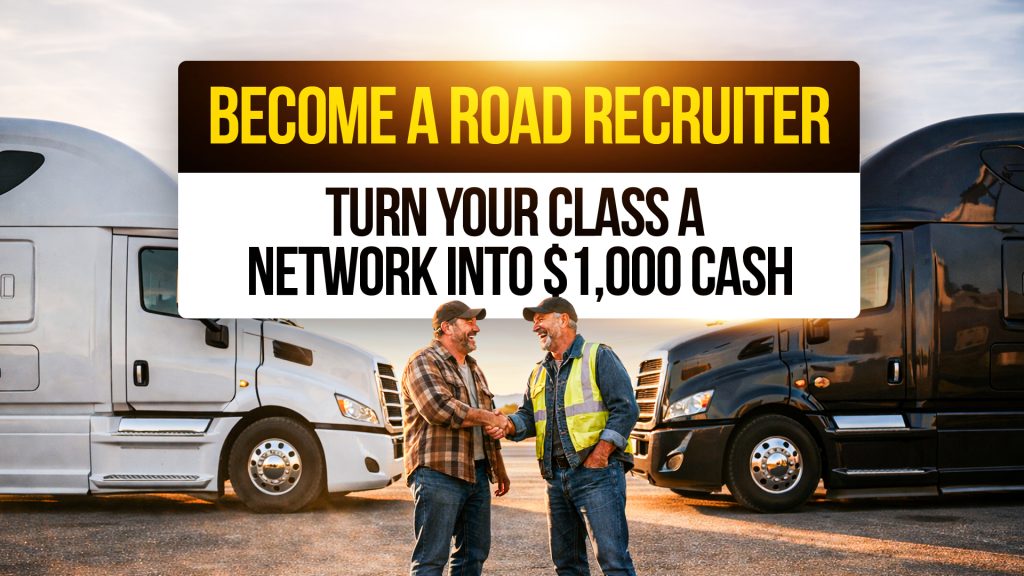 Two truck drivers shaking hands by semi-trucks with text: “Become a Road Recruiter, Turn Your Class A Network Into $1,000 Cash.”