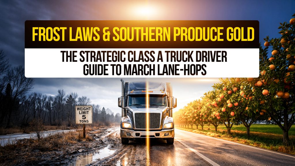 Split scene of truck in winter road and sunny orange grove with text: “Frost Laws & Southern Produce Gold, Class A Driver Guide to March Lane-Hops.”