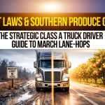 Split scene of truck in winter road and sunny orange grove with text: “Frost Laws & Southern Produce Gold, Class A Driver Guide to March Lane-Hops.”