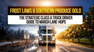 Split scene of truck in winter road and sunny orange grove with text: “Frost Laws & Southern Produce Gold, Class A Driver Guide to March Lane-Hops.”