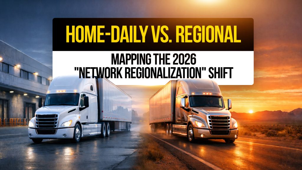 Two semi-trucks showing home-daily vs regional routes with text: “Home-Daily vs Regional, Mapping the 2026 Network Regionalization Shift.