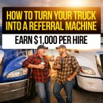 Two truck drivers talking between semi-trucks with text: “How to Turn Your Truck Into a Referral Machine, Earn $1,000 Per Hire.”