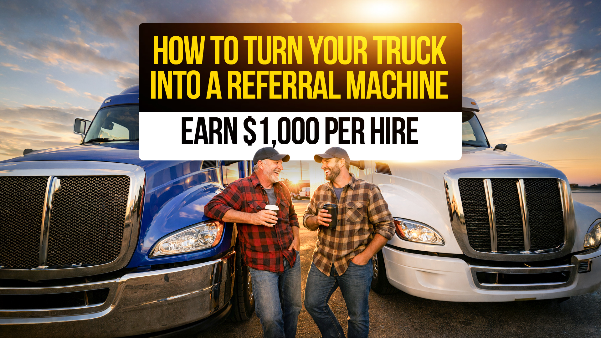 Two truck drivers talking between semi-trucks with text: “How to Turn Your Truck Into a Referral Machine, Earn $1,000 Per Hire.”