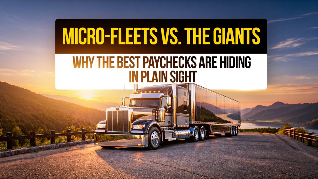 Semi-truck overlooking mountain lake at sunrise with text: “Micro-Fleets vs. The Giants, Why the Best Paychecks Are Hiding in Plain Sight.”
