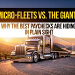 Semi-truck overlooking mountain lake at sunrise with text: “Micro-Fleets vs. The Giants, Why the Best Paychecks Are Hiding in Plain Sight.”
