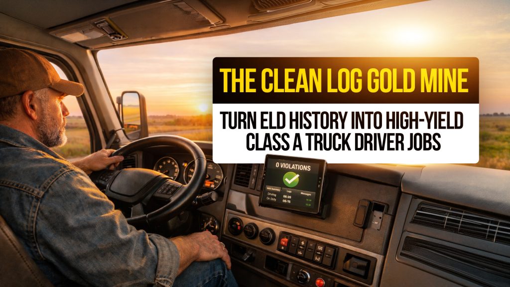 Truck driver with ELD showing zero violations and text: “The Clean Log Gold Mine — Turn ELD History into High-Yield Class A Truck Driver Jobs.